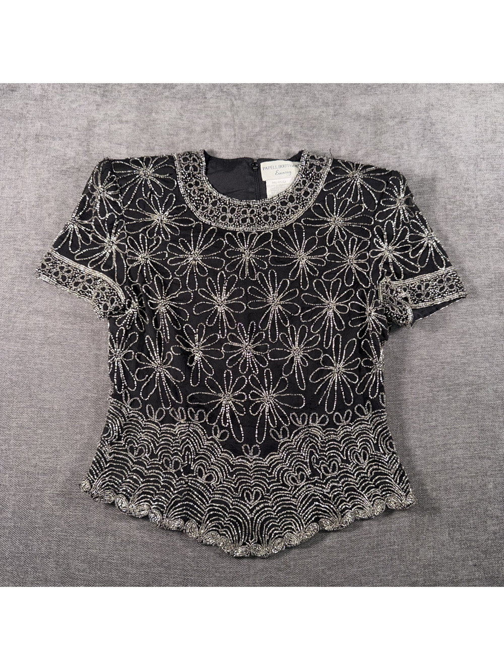 Papell Boutique Evening Black Silk Beaded Short Sleeve Top Size S